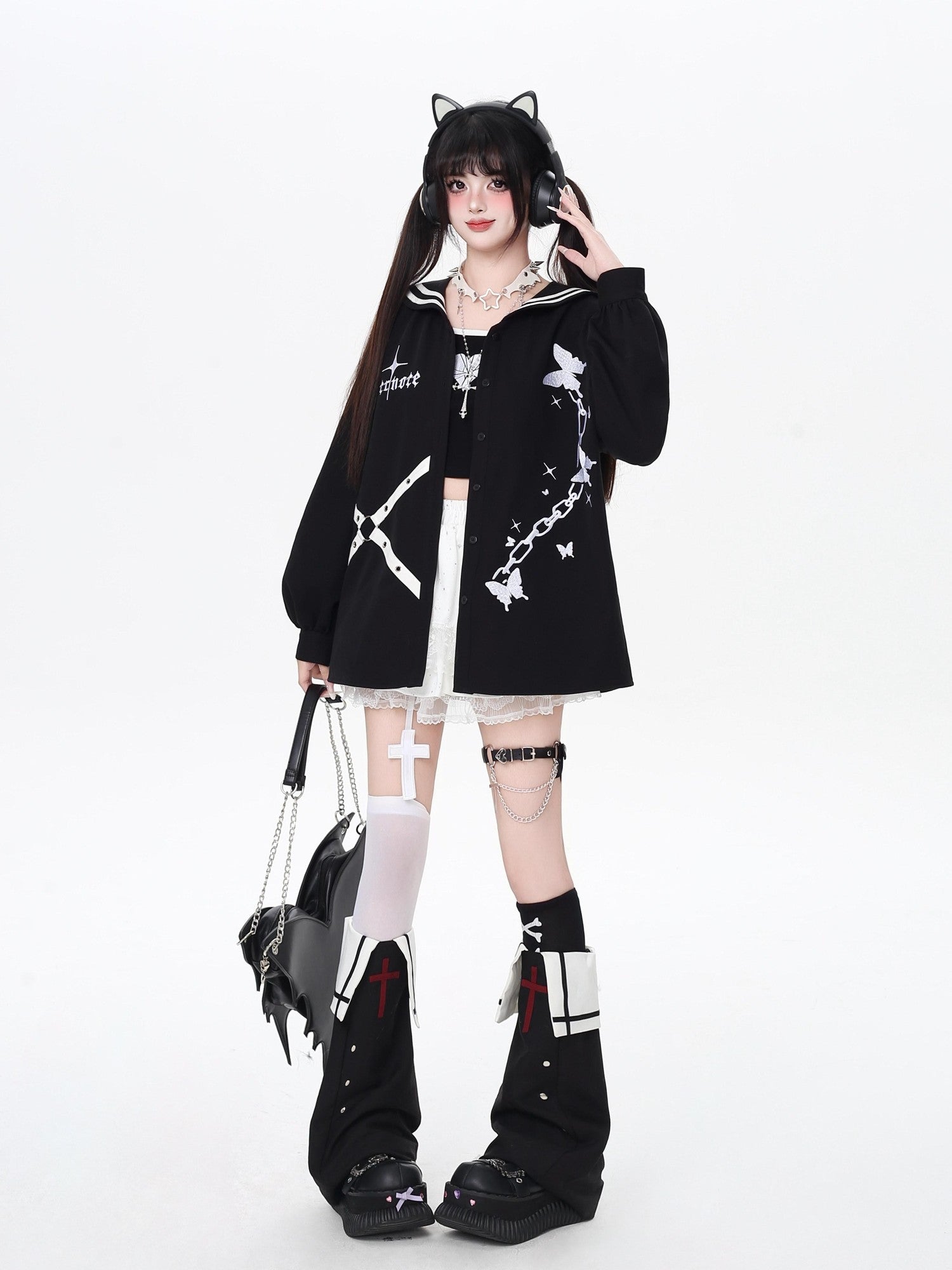 CRAZYGIRL Dark Butterfly Embroidery Sailor Collar Hooded Lantern Sleeve Women's Overshirts