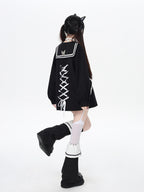 CRAZYGIRL Dark Butterfly Embroidery Sailor Collar Hooded Lantern Sleeve Women's Overshirts