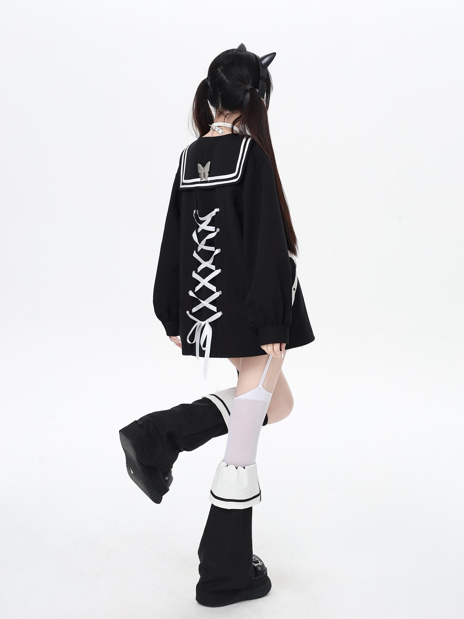 CRAZYGIRL Dark Butterfly Embroidery Sailor Collar Hooded Lantern Sleeve Women's Overshirts