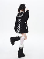 CRAZYGIRL Dark Butterfly Embroidery Sailor Collar Hooded Lantern Sleeve Women's Overshirts
