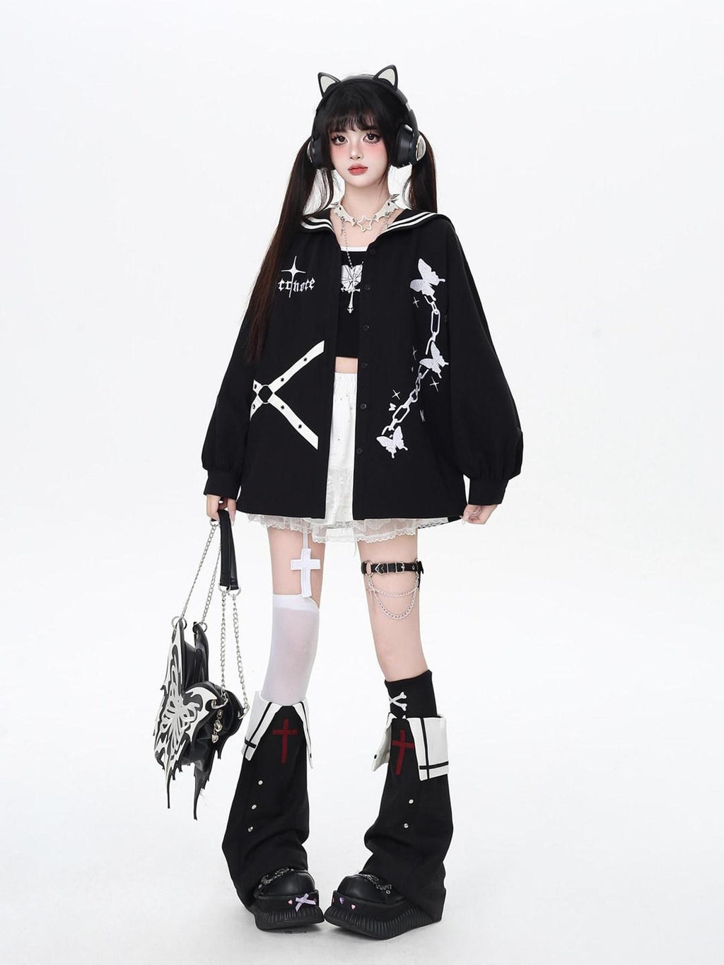 CRAZYGIRL Dark Butterfly Embroidery Sailor Collar Hooded Lantern Sleeve Women's Overshirts