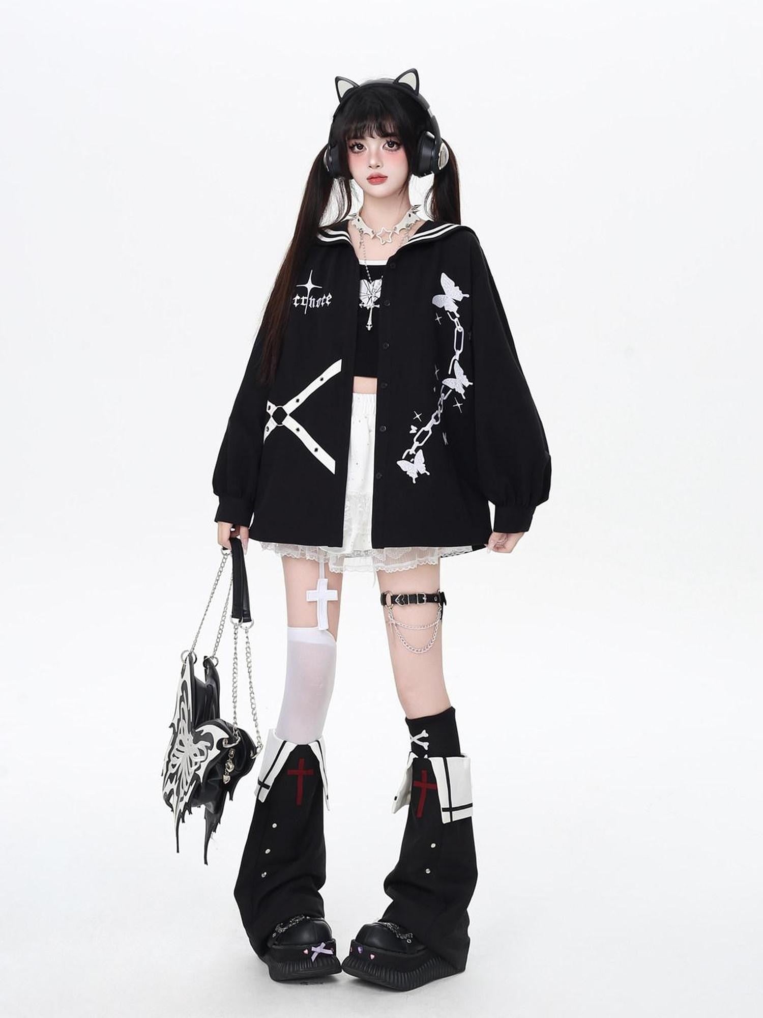 CRAZYGIRL Dark Butterfly Embroidery Sailor Collar Hooded Lantern Sleeve Women's Overshirts