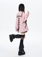 CRAZYGIRL Dark Butterfly Embroidery Sailor Collar Hooded Lantern Sleeve Women's Overshirts