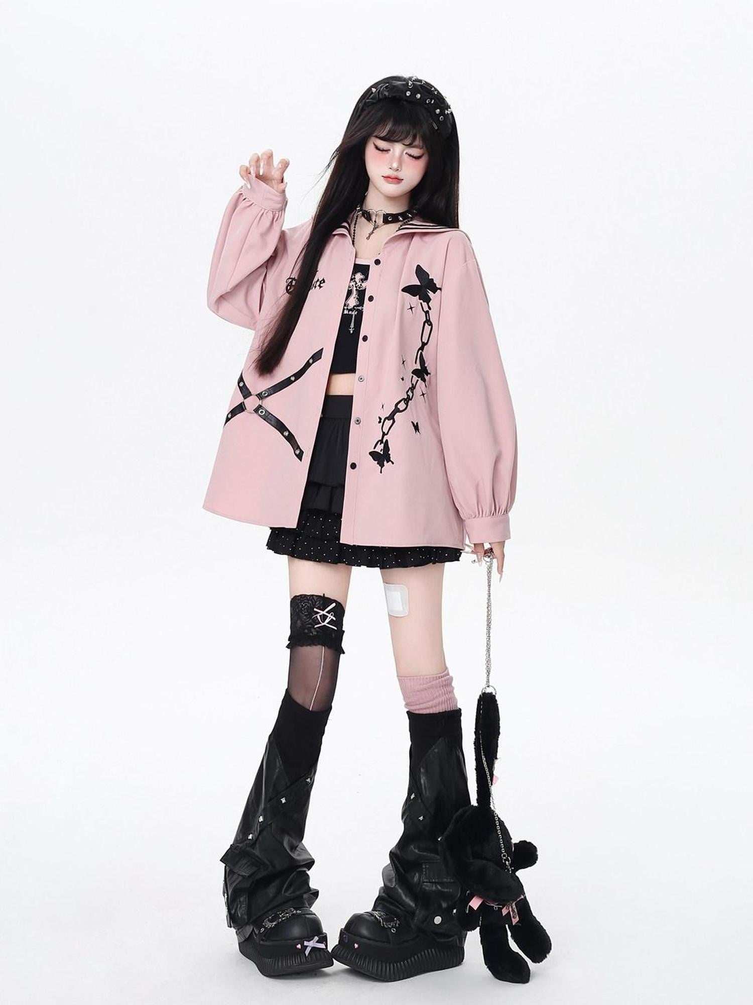 CRAZYGIRL Dark Butterfly Embroidery Sailor Collar Hooded Lantern Sleeve Women's Overshirts
