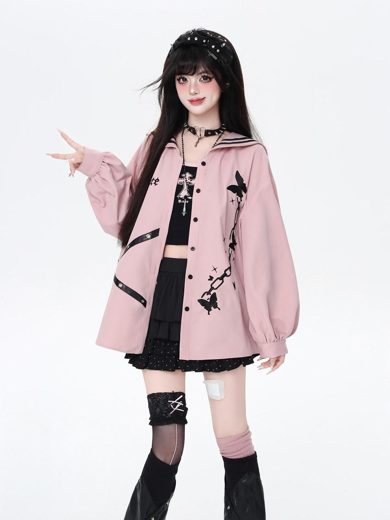 CRAZYGIRL Dark Butterfly Embroidery Sailor Collar Hooded Lantern Sleeve Women's Overshirts