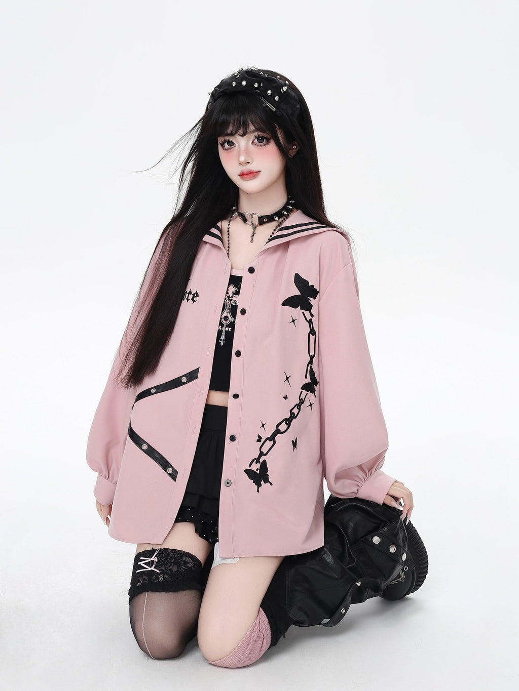 CRAZYGIRL Dark Butterfly Embroidery Sailor Collar Hooded Lantern Sleeve Women's Overshirts