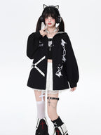 CRAZYGIRL Dark Butterfly Embroidery Sailor Collar Hooded Lantern Sleeve Women's Overshirts