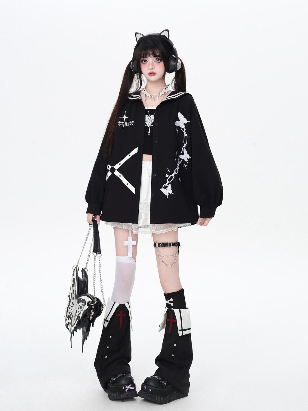 CRAZYGIRL Dark Butterfly Embroidery Sailor Collar Hooded Lantern Sleeve Women's Overshirts