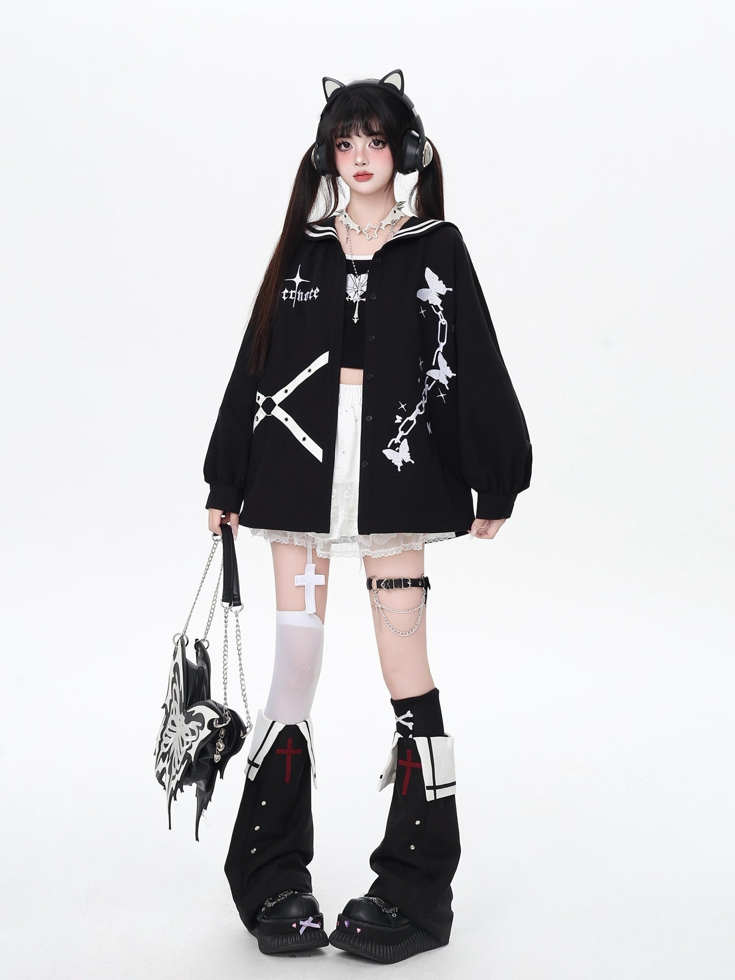 CRAZYGIRL Dark Butterfly Embroidery Sailor Collar Hooded Lantern Sleeve Women's Overshirts