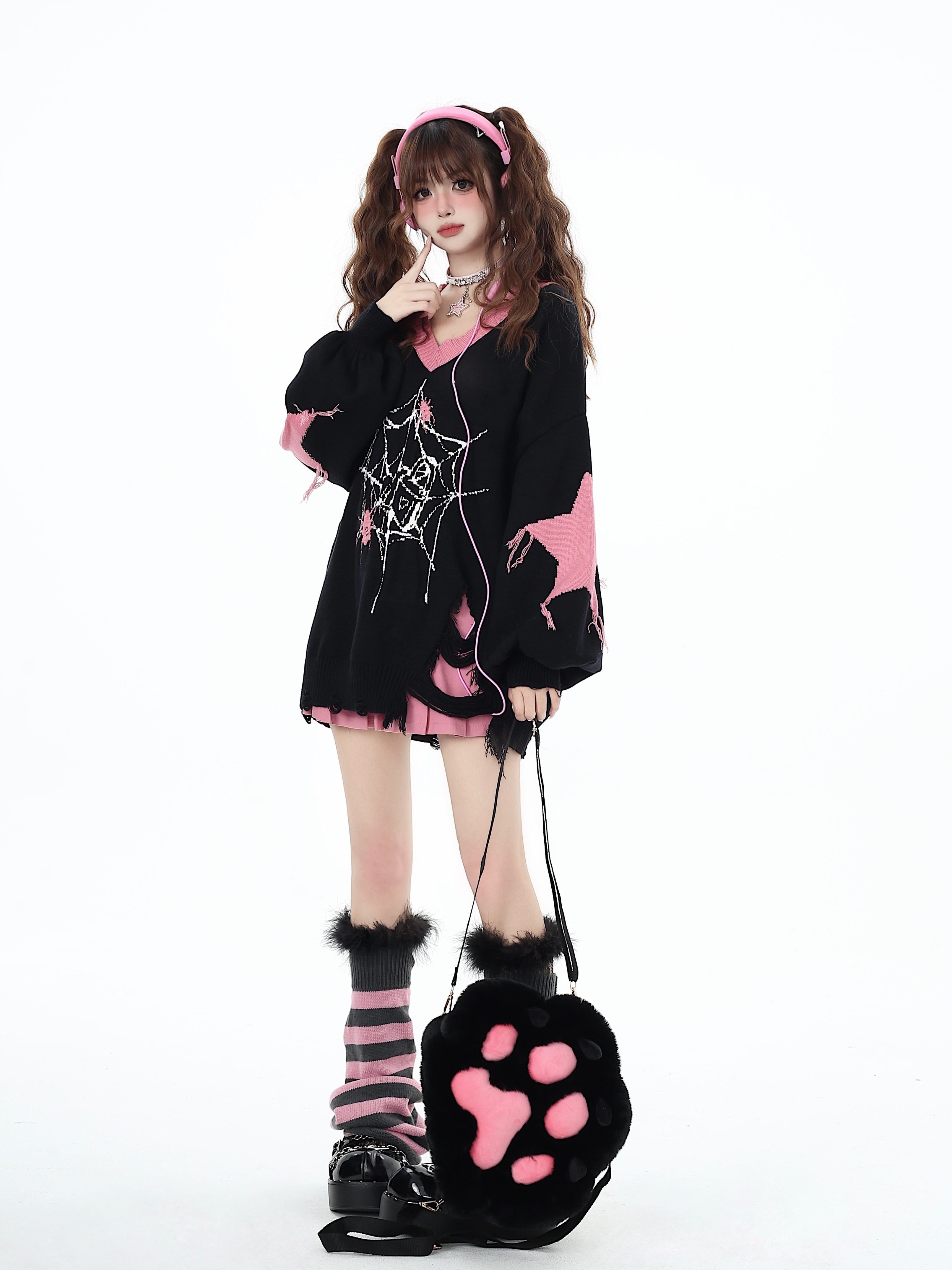 CRAZYGIRL_Dark_Cute_Star_V-neck_Oversized_Streetwear_Women's_Knit_Sweaters_741832842225_MISSTT