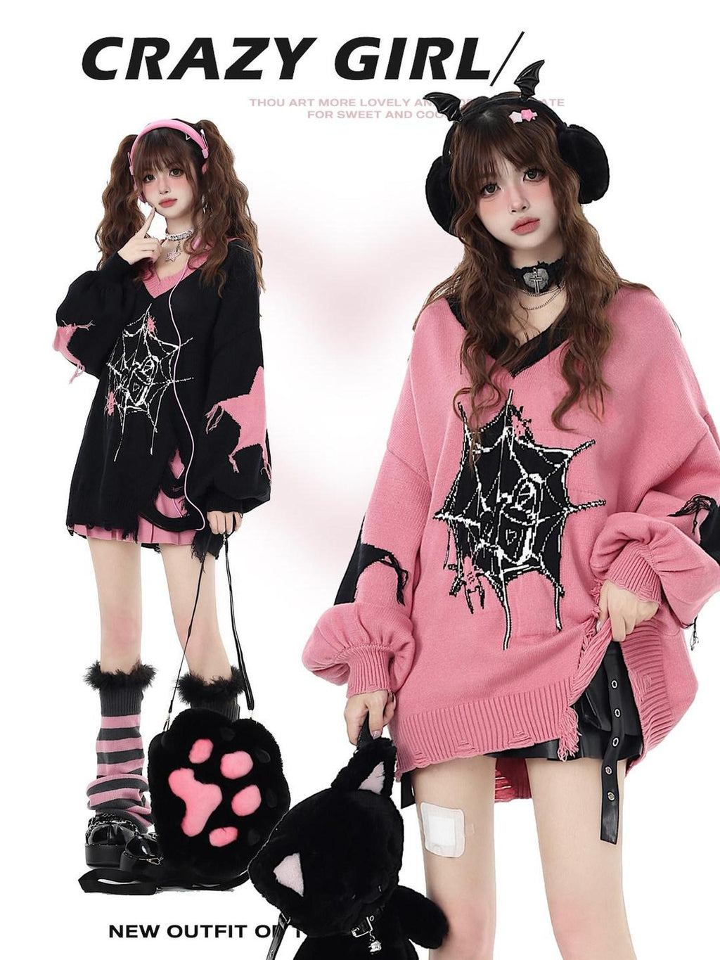 CRAZYGIRL Dark Cute Star V-neck Oversized Streetwear Women's Knit Sweaters