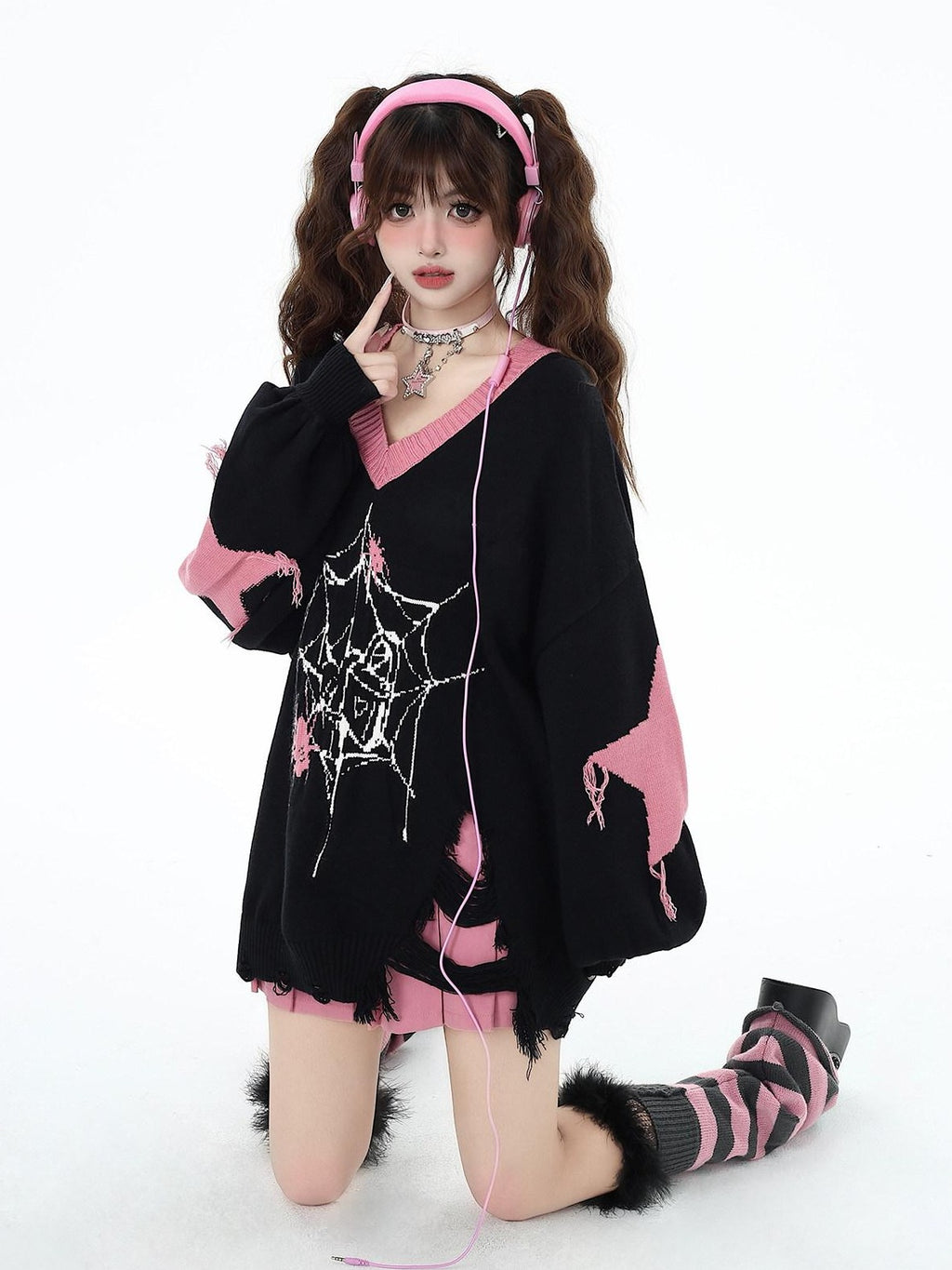 CRAZYGIRL Dark Cute Star V-neck Oversized Streetwear Women's Knit Sweaters