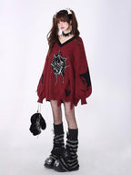 CRAZYGIRL Dark Cute Star V-neck Oversized Streetwear Women's Knit Sweaters
