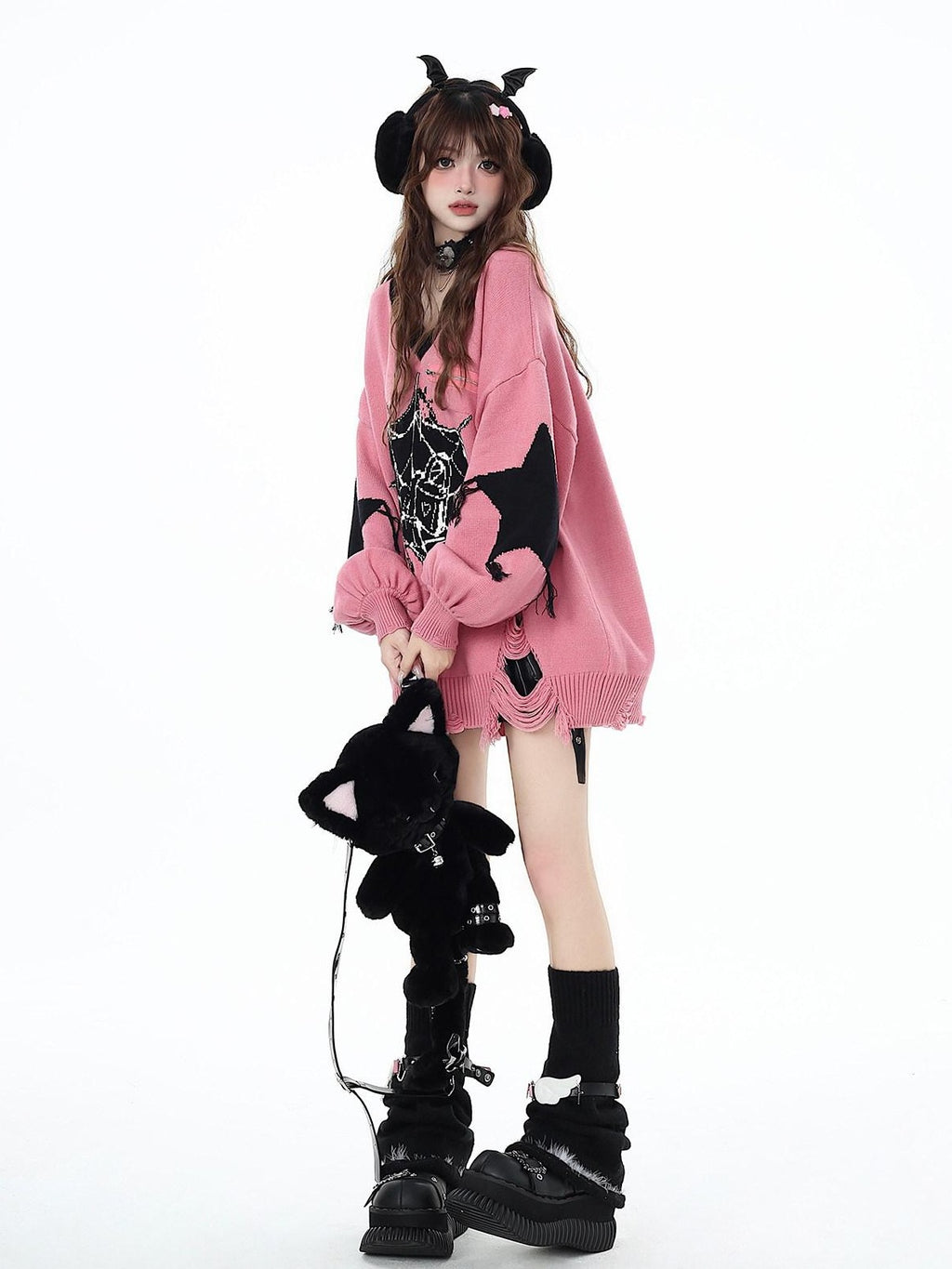 CRAZYGIRL Dark Cute Star V-neck Oversized Streetwear Women's Knit Sweaters