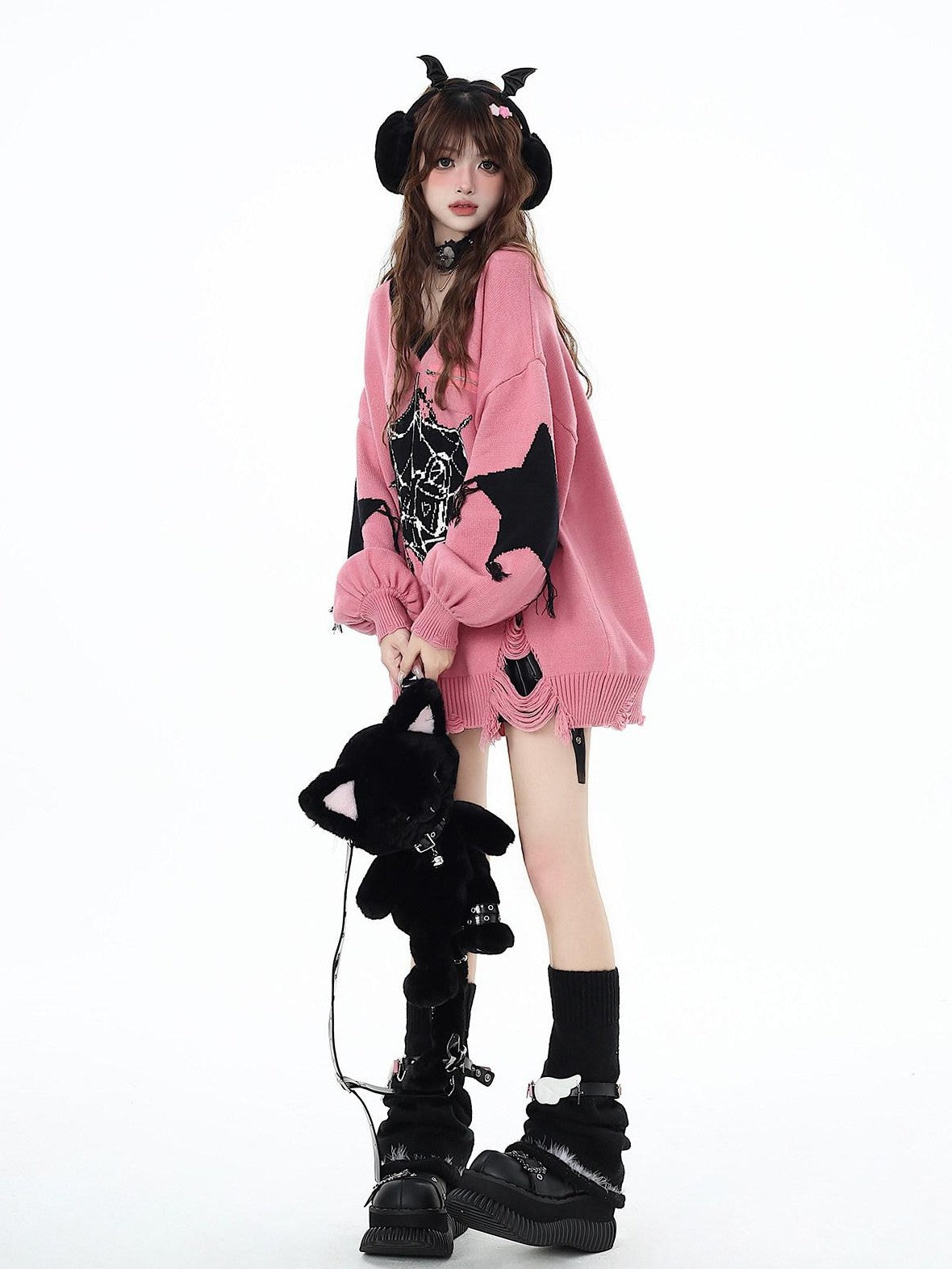 CRAZYGIRL Dark Cute Star V-neck Oversized Streetwear Women's Knit Sweaters