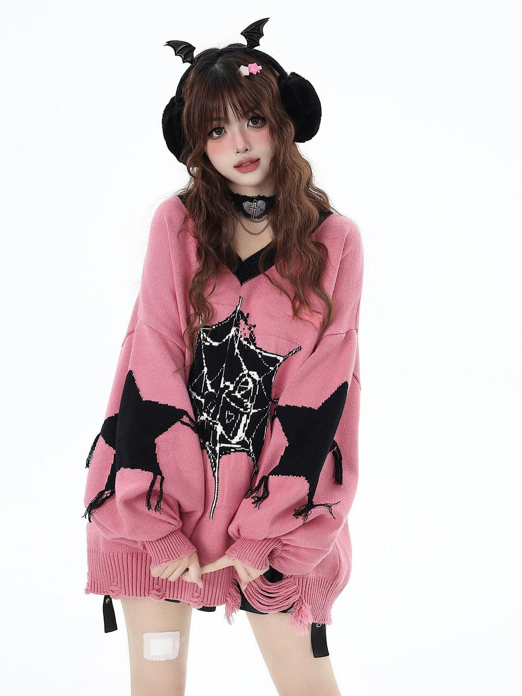 CRAZYGIRL Dark Cute Star V-neck Oversized Streetwear Women's Knit Sweaters