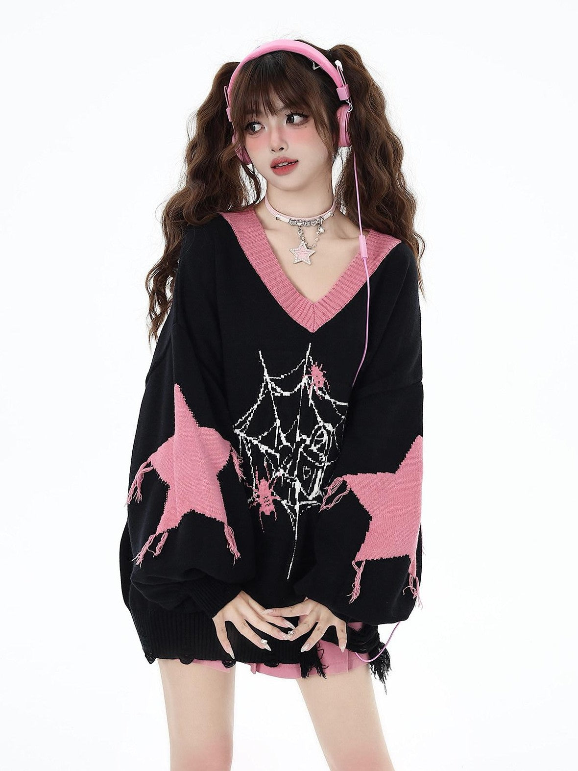 CRAZYGIRL Dark Cute Star V-neck Oversized Streetwear Women's Knit Sweaters