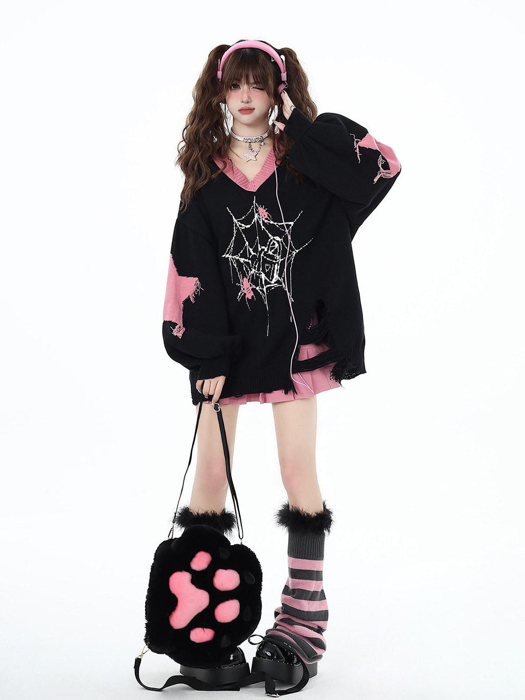CRAZYGIRL Dark Cute Star V-neck Oversized Streetwear Women's Knit Sweaters