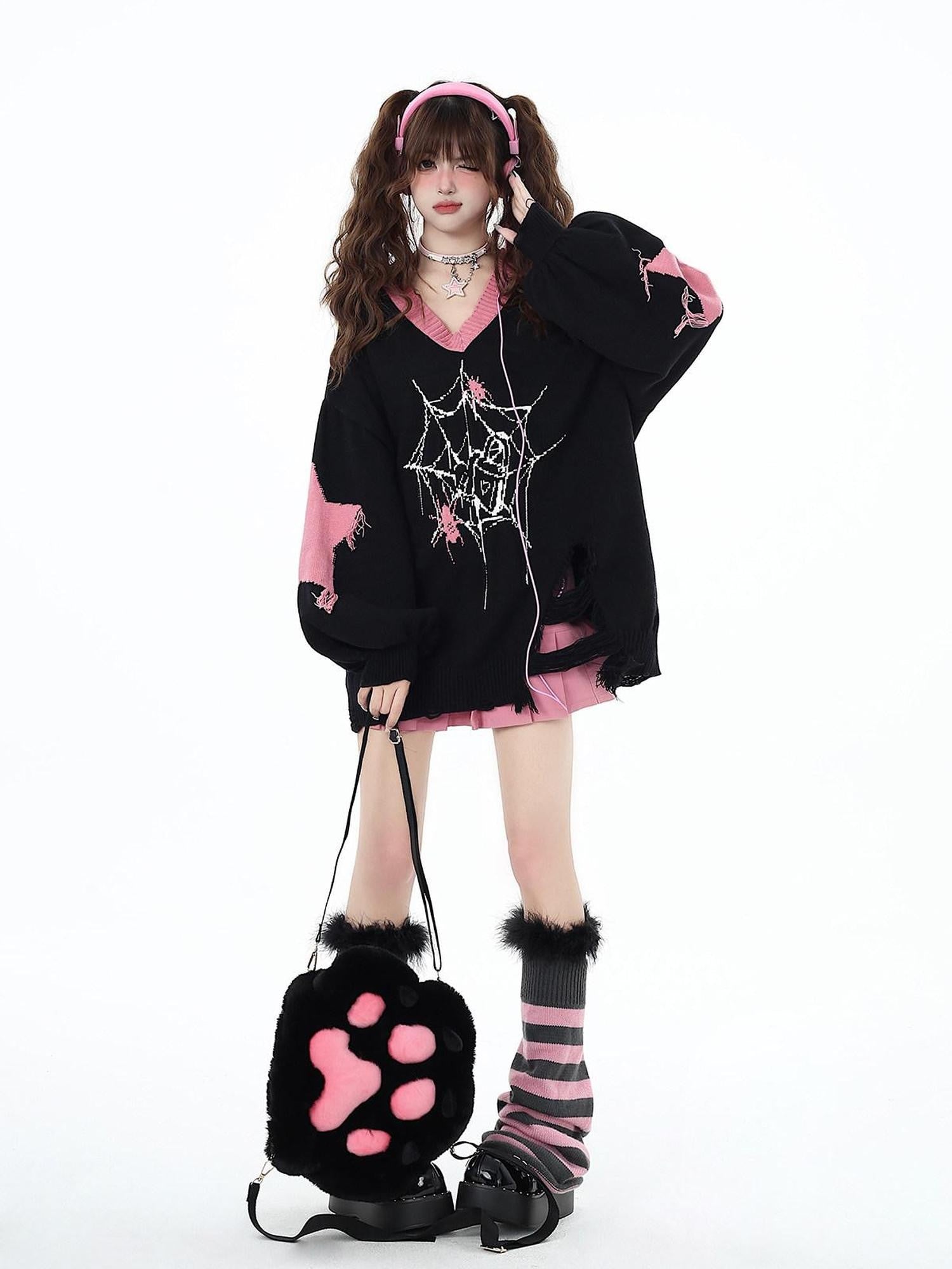 CRAZYGIRL Dark Cute Star V-neck Oversized Streetwear Women's Knit Sweaters