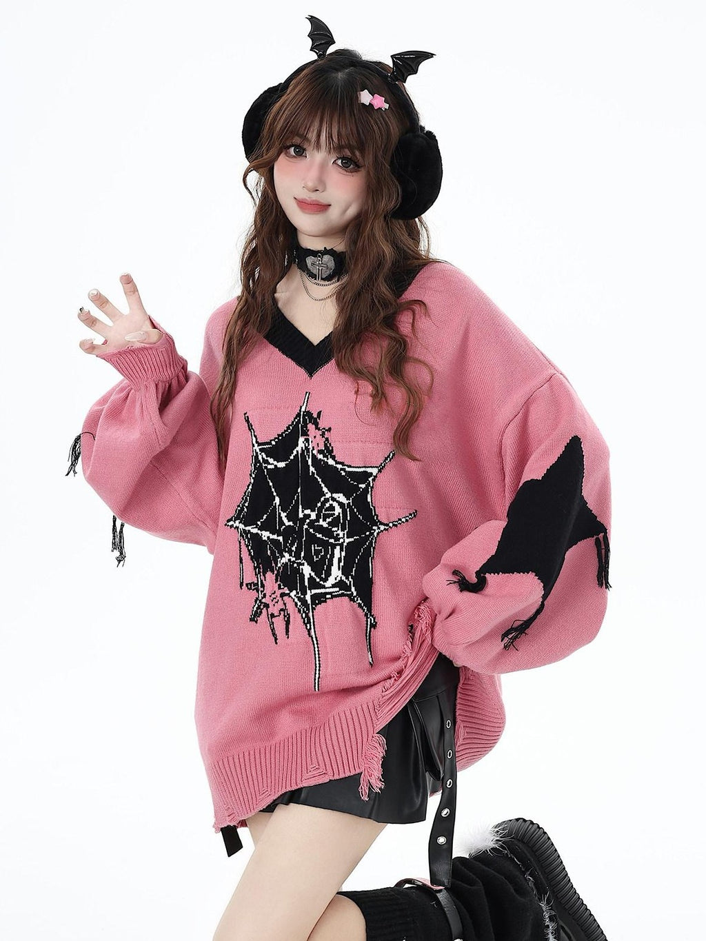 CRAZYGIRL Dark Cute Star V-neck Oversized Streetwear Women's Knit Sweaters