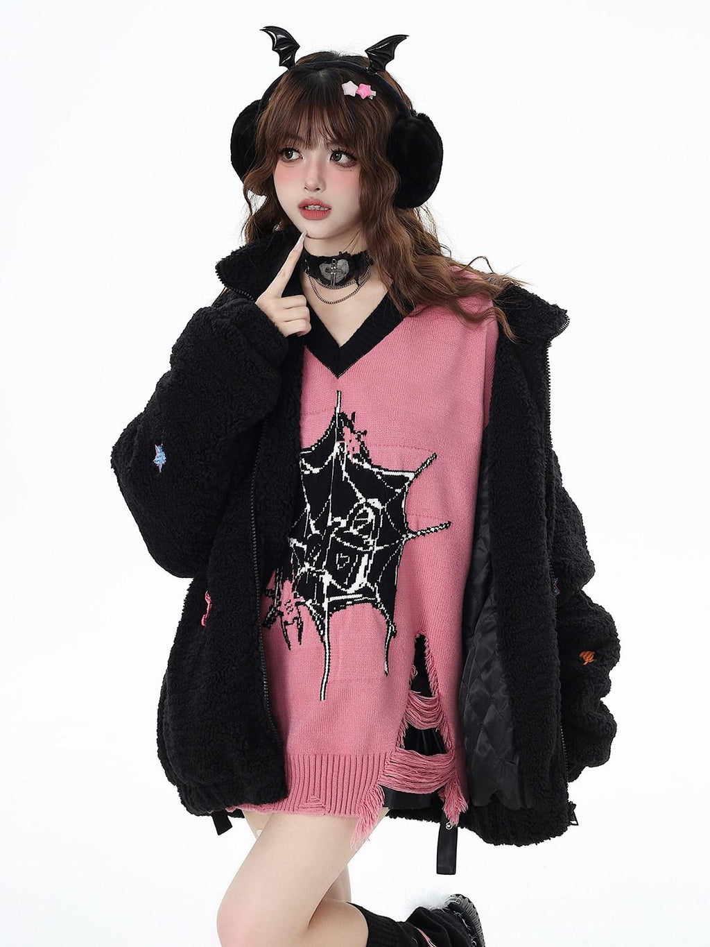 CRAZYGIRL Dark Cute Star V-neck Oversized Streetwear Women's Knit Sweaters