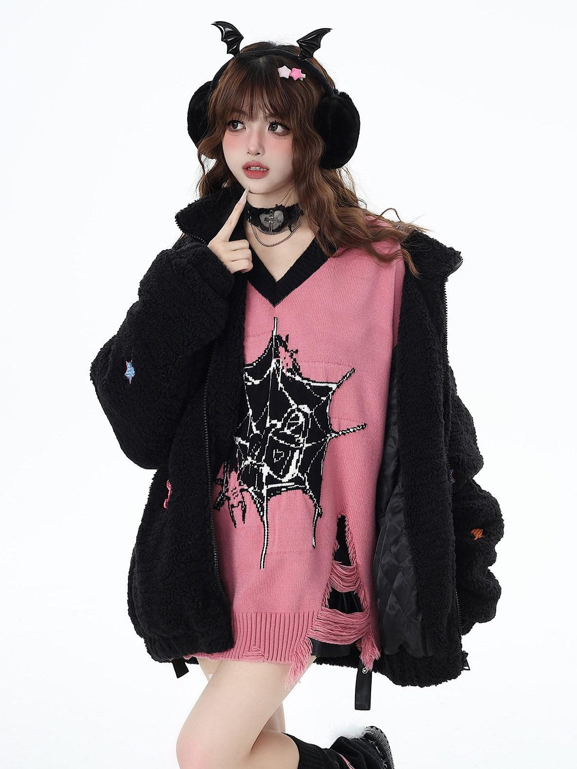 CRAZYGIRL Dark Cute Star V-neck Oversized Streetwear Women's Knit Sweaters