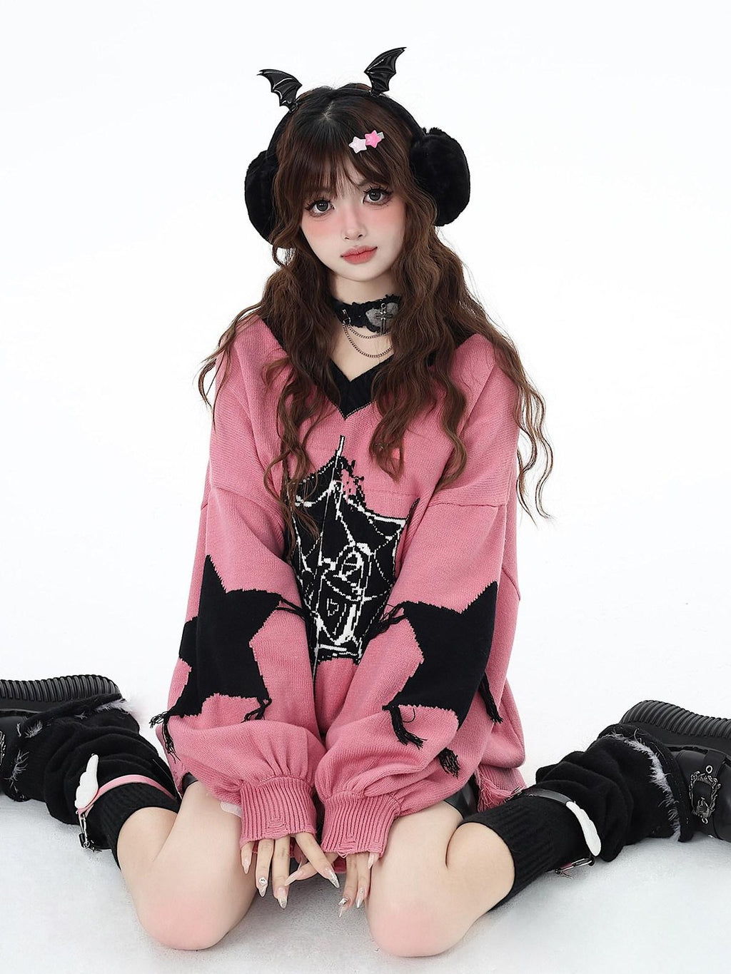 CRAZYGIRL Dark Cute Star V-neck Oversized Streetwear Women's Knit Sweaters
