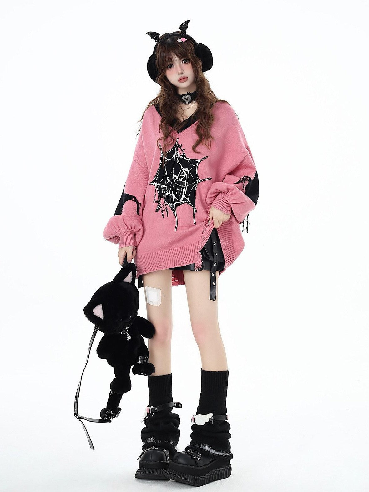 CRAZYGIRL Dark Cute Star V-neck Oversized Streetwear Women's Knit Sweaters