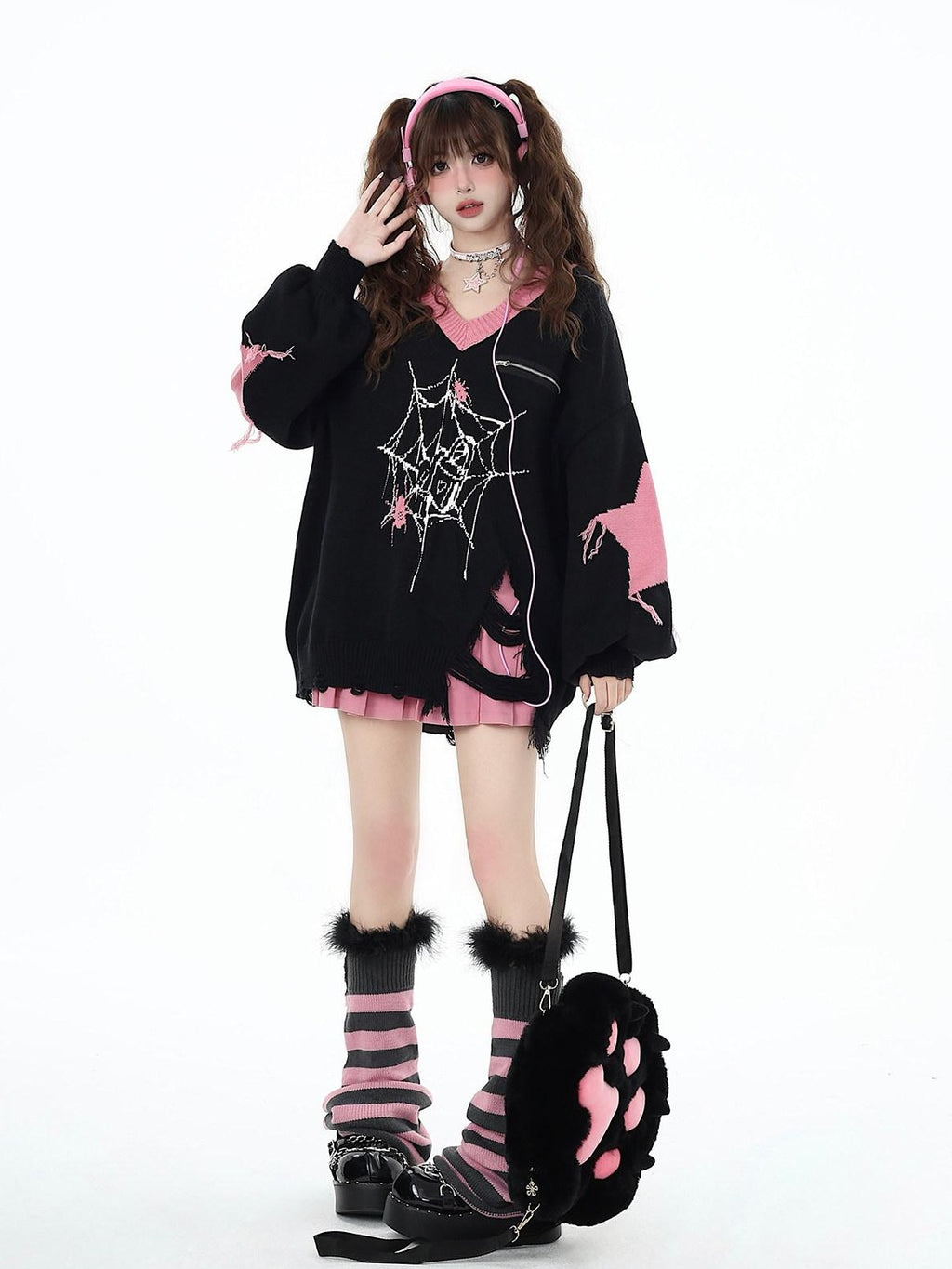 CRAZYGIRL Dark Cute Star V-neck Oversized Streetwear Women's Knit Sweaters