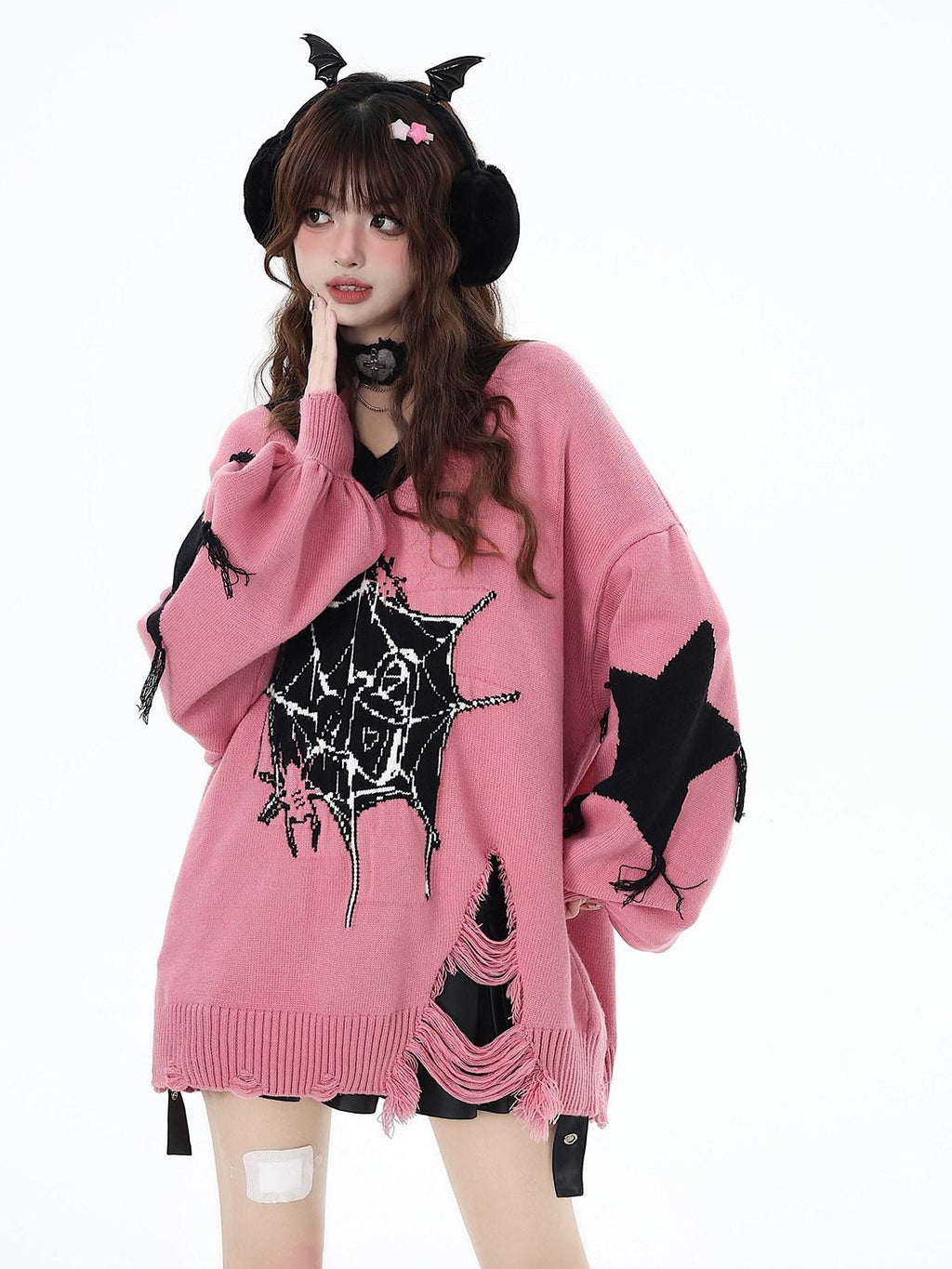 CRAZYGIRL Dark Cute Star V-neck Oversized Streetwear Women's Knit Sweaters
