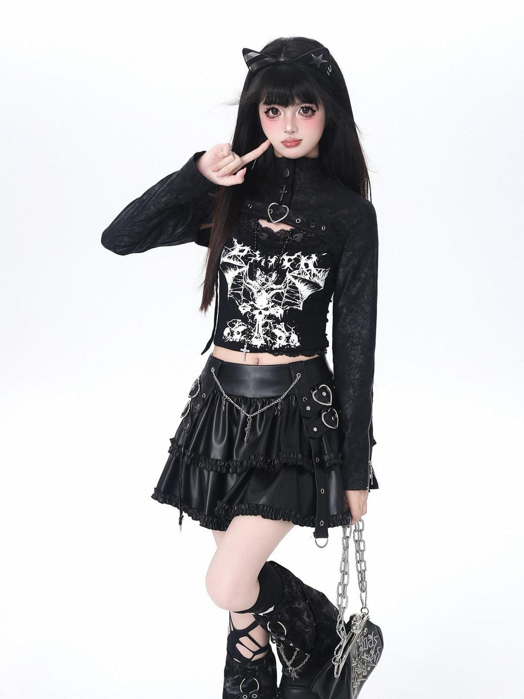 CRAZYGIRL Dark Y2k Hooded Cropped Button Slim Women's Other Long Sleeve T-shirts