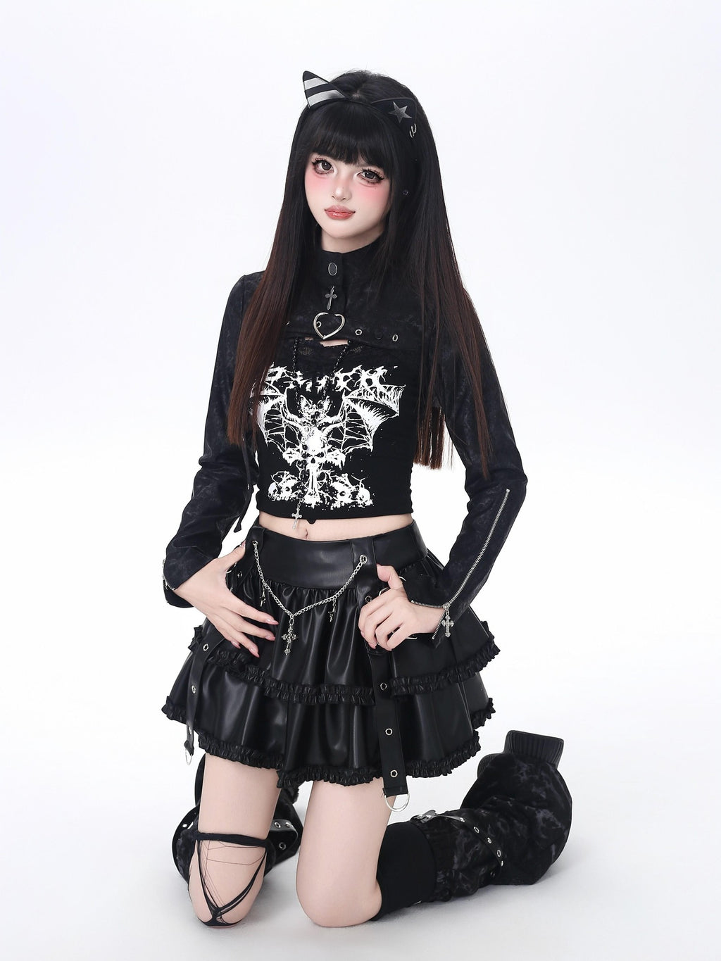 CRAZYGIRL Dark Y2k Hooded Cropped Button Slim Women's Other Long Sleeve T-shirts