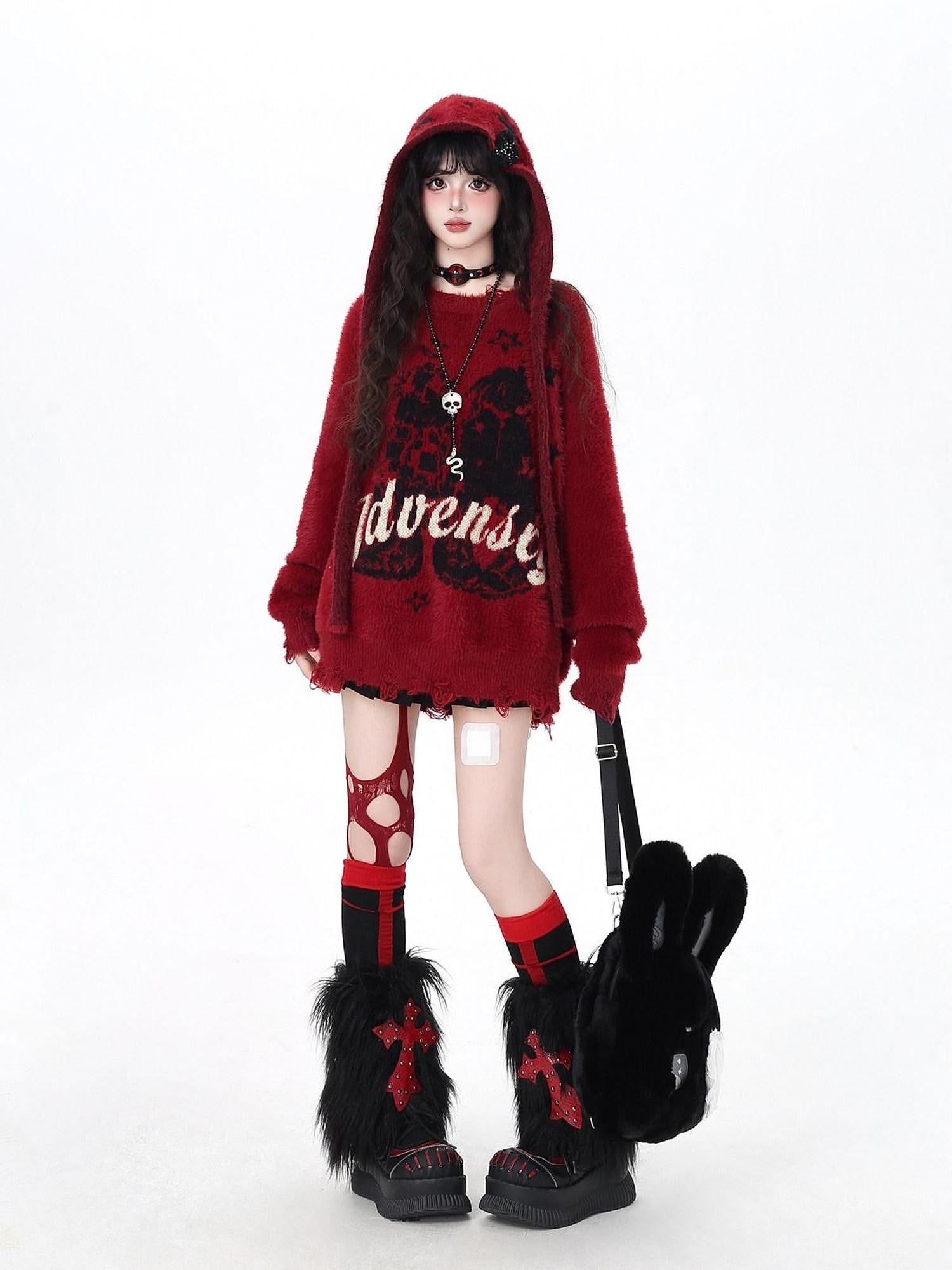 CRAZYGIRL Detachable Hood Retro Loose Lettering Women's Faux Mink Fur Soft Sweaters