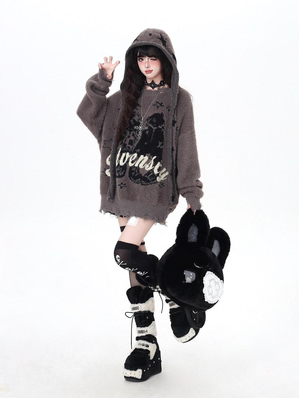 CRAZYGIRL Detachable Hood Retro Loose Lettering Women's Faux Mink Fur Soft Sweaters