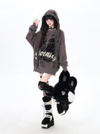 CRAZYGIRL Detachable Hood Retro Loose Lettering Women's Faux Mink Fur Soft Sweaters