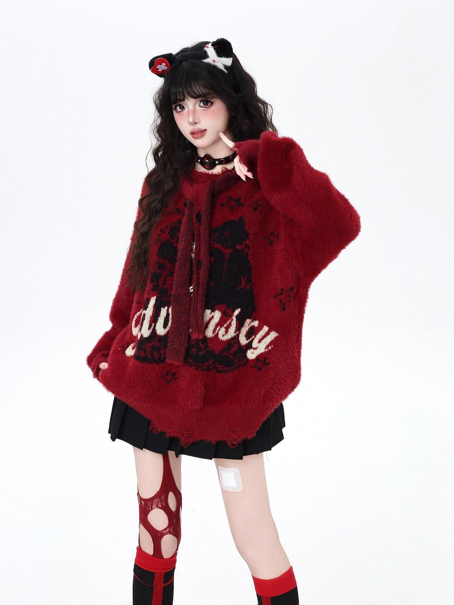 CRAZYGIRL Detachable Hood Retro Loose Lettering Women's Faux Mink Fur Soft Sweaters