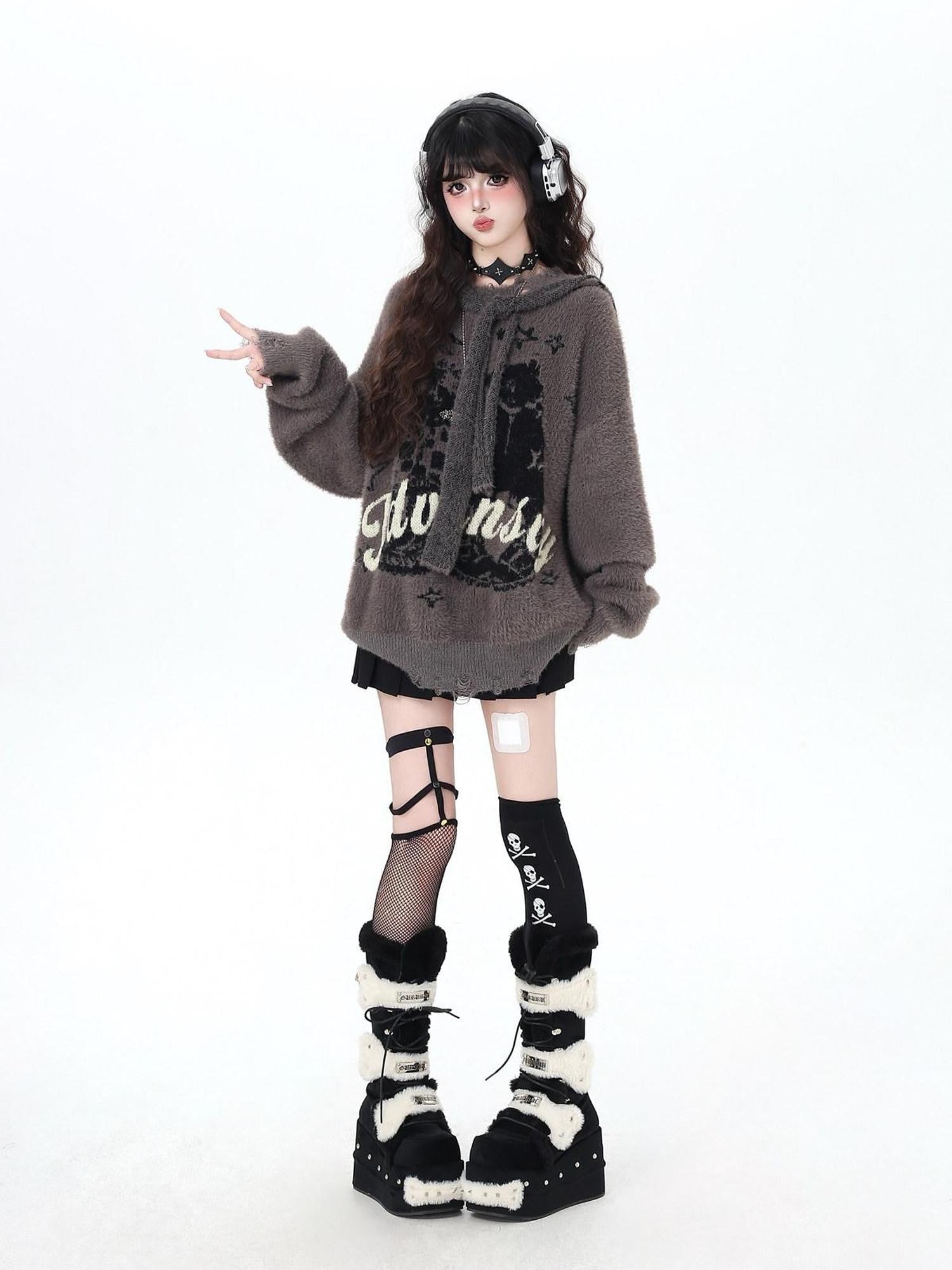 CRAZYGIRL Detachable Hood Retro Loose Lettering Women's Faux Mink Fur Soft Sweaters