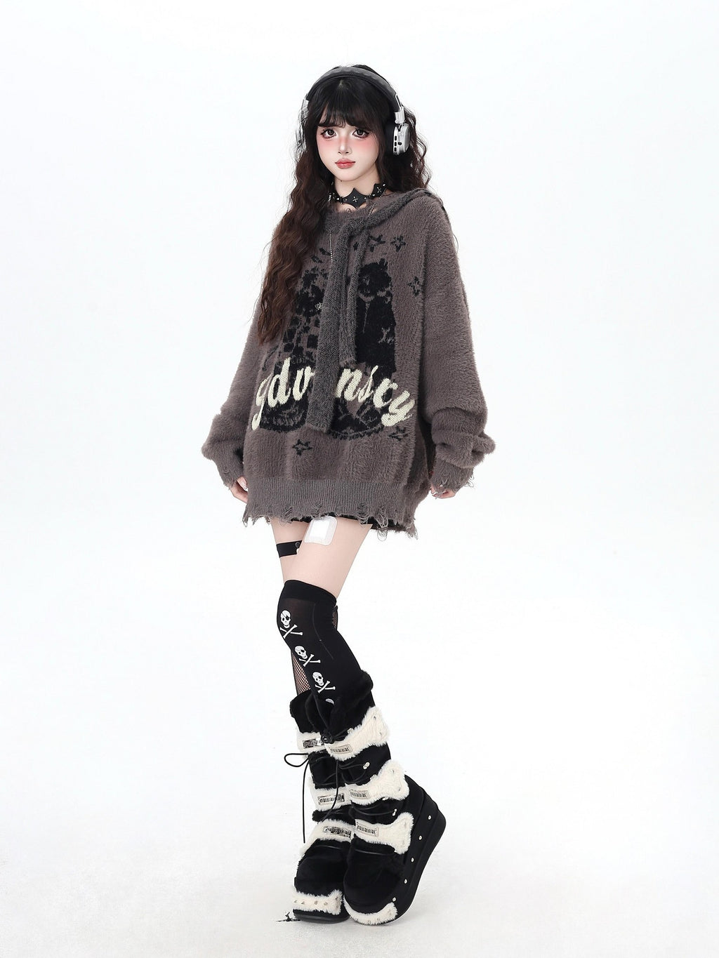 CRAZYGIRL Detachable Hood Retro Loose Lettering Women's Faux Mink Fur Soft Sweaters