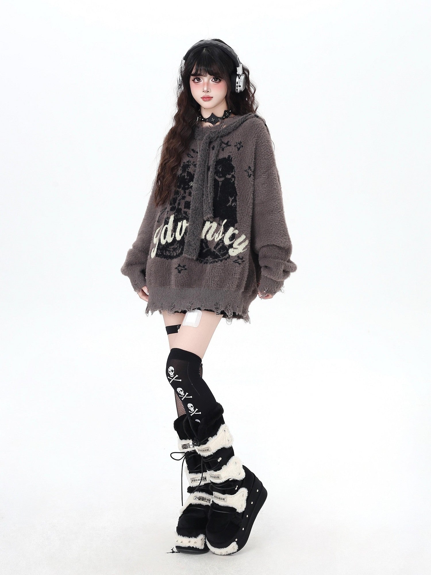 CRAZYGIRL Detachable Hood Retro Loose Lettering Women's Faux Mink Fur Soft Sweaters