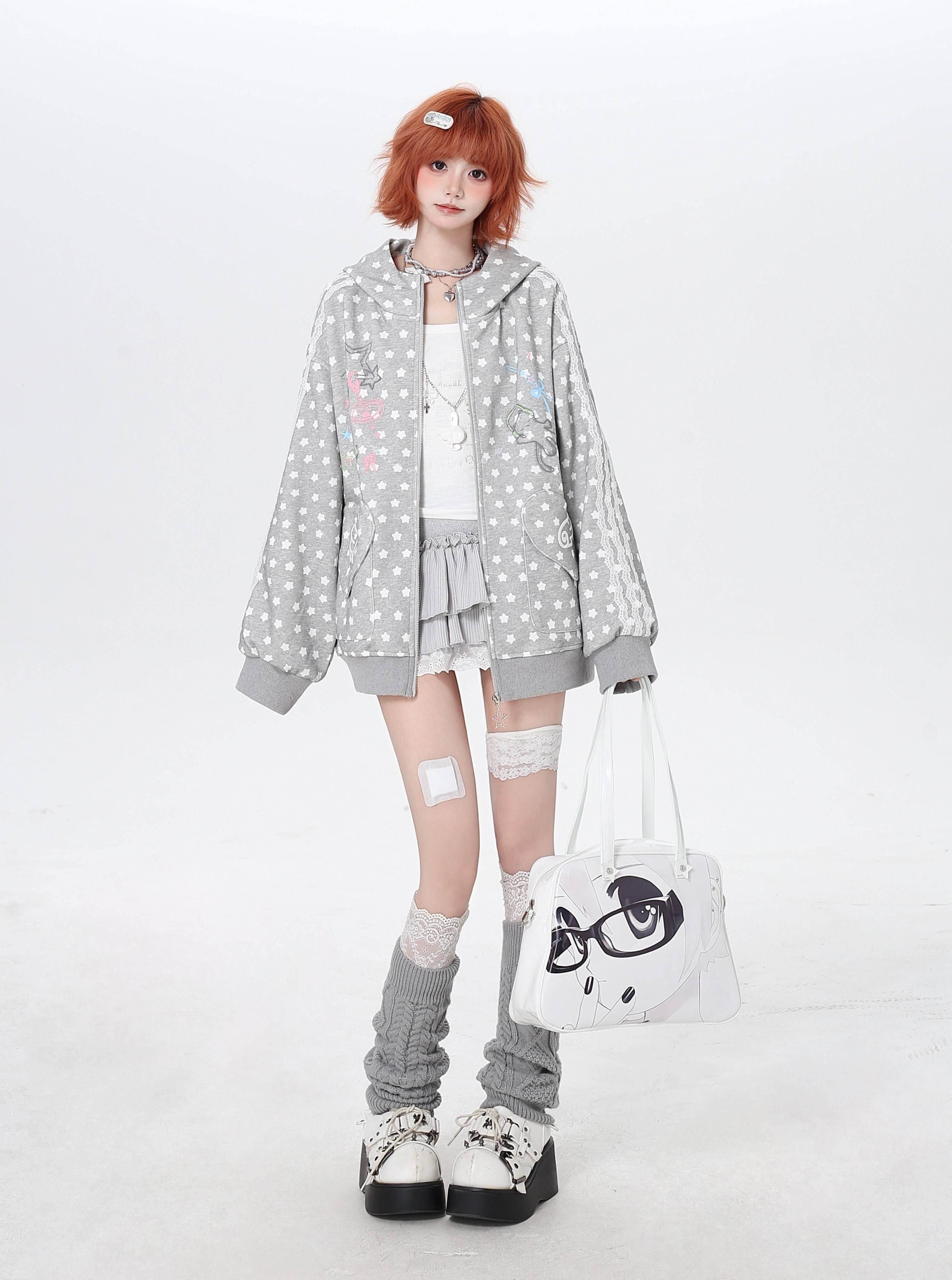 CRAZYGIRL_Earphone_Cat_Print_Star_Polka_Dot_Loose_Zip_Women's_Other_Fabric_Hoodies_1019094936549_MISSTT