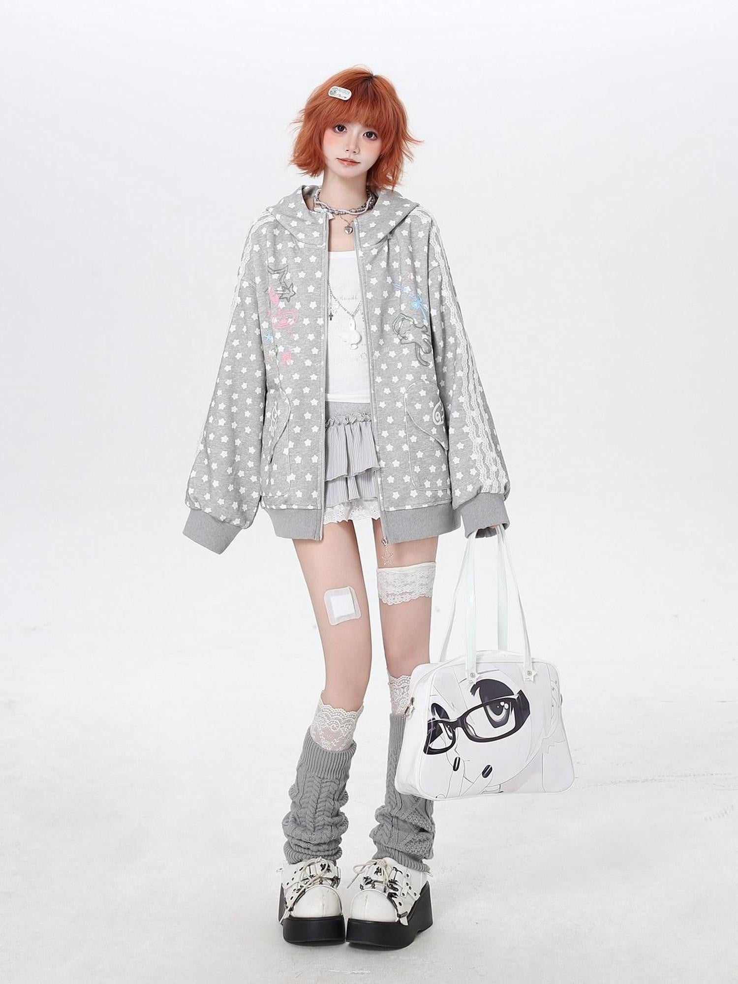 CRAZYGIRL Earphone Cat Print Star Polka Dot Loose Zip Women's Other Fabric Hoodies