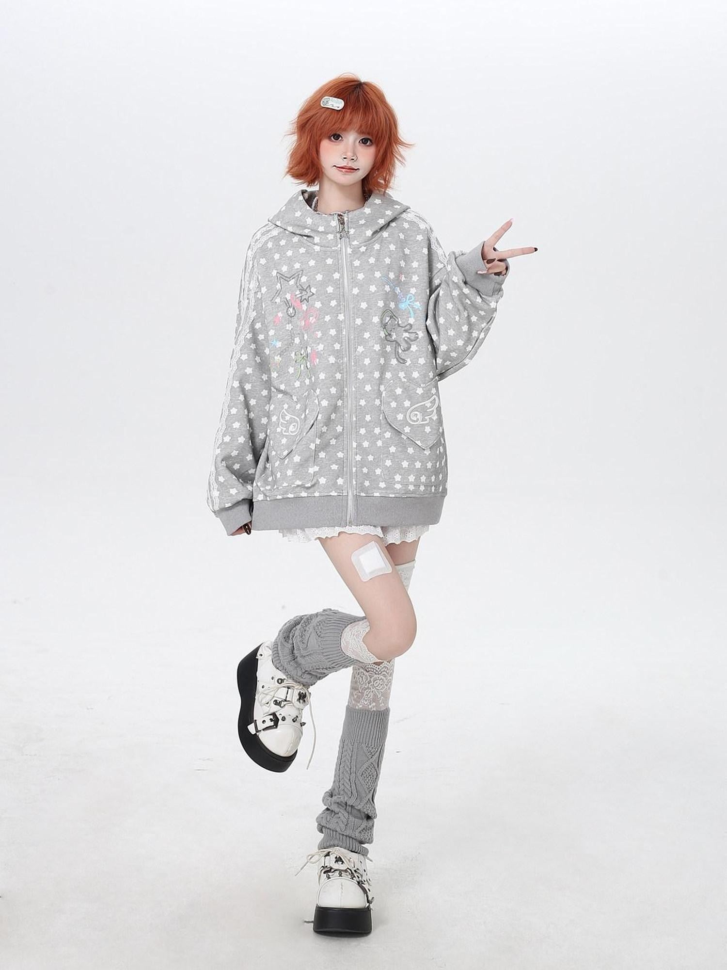 CRAZYGIRL Earphone Cat Print Star Polka Dot Loose Zip Women's Other Fabric Hoodies