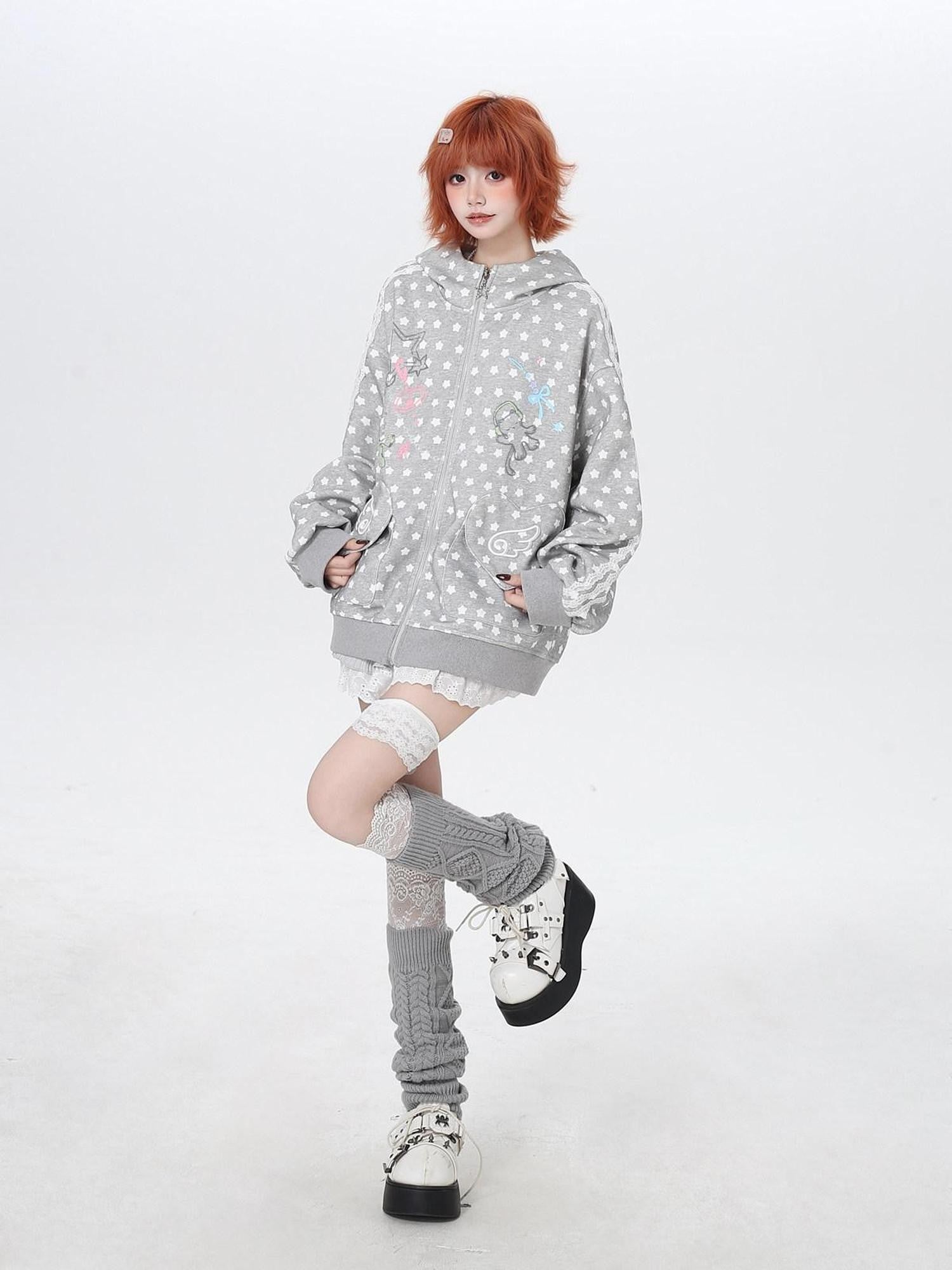 CRAZYGIRL Earphone Cat Print Star Polka Dot Loose Zip Women's Other Fabric Hoodies