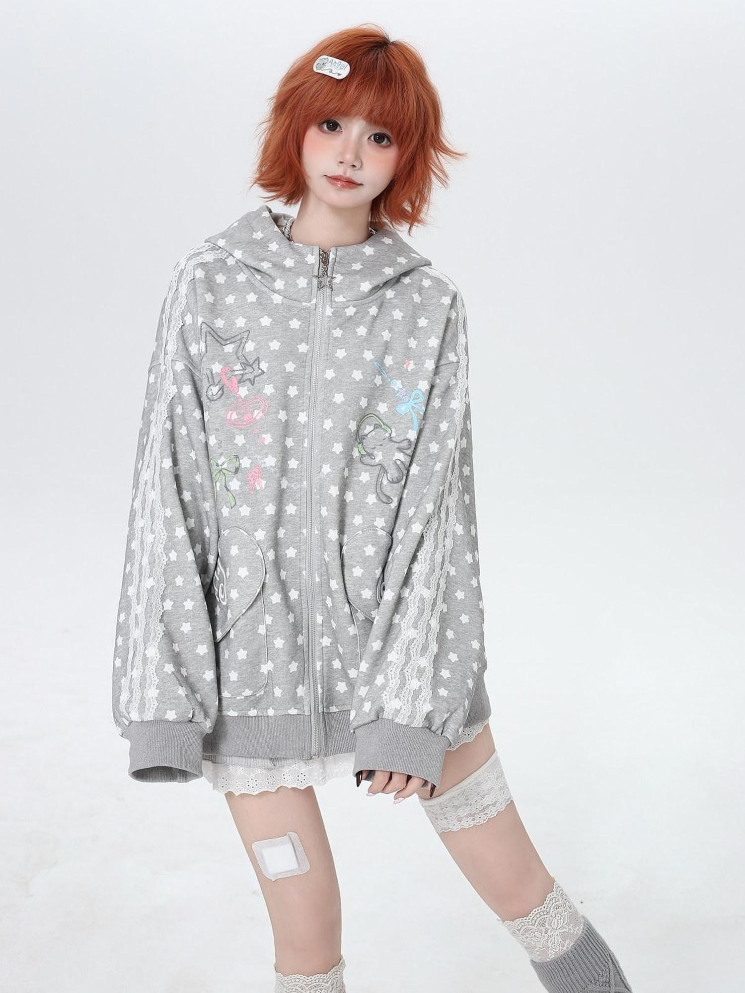 CRAZYGIRL Earphone Cat Print Star Polka Dot Loose Zip Women's Other Fabric Hoodies