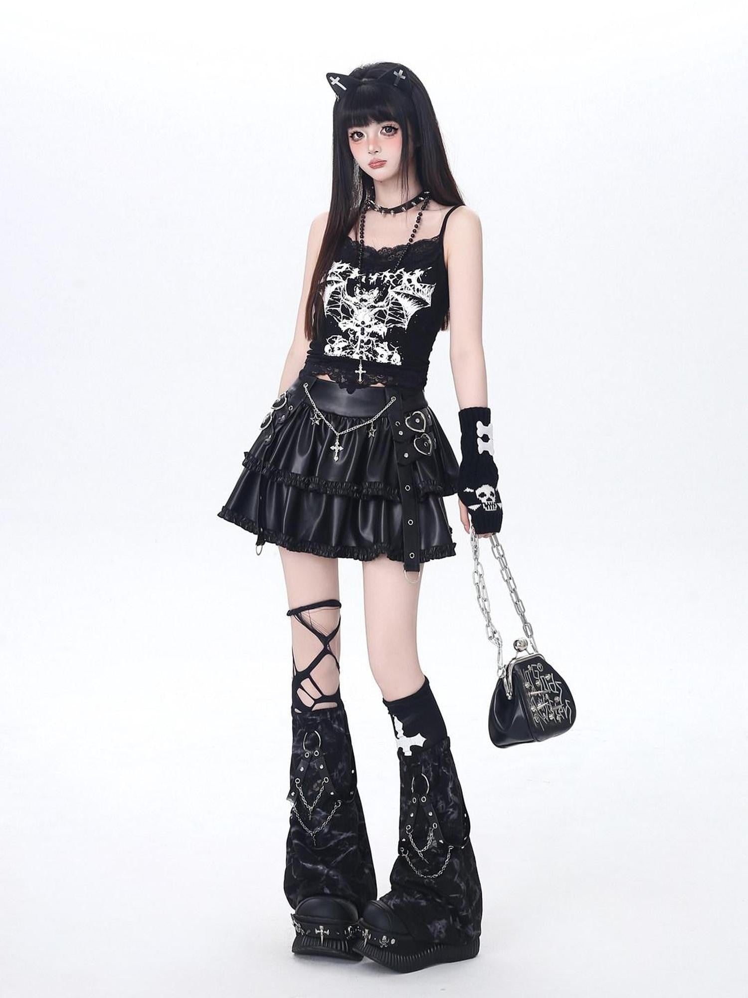 CRAZYGIRL Edgy Punk Chain Tiered Puff High Waist Women's Faux Leather Mini Skirts