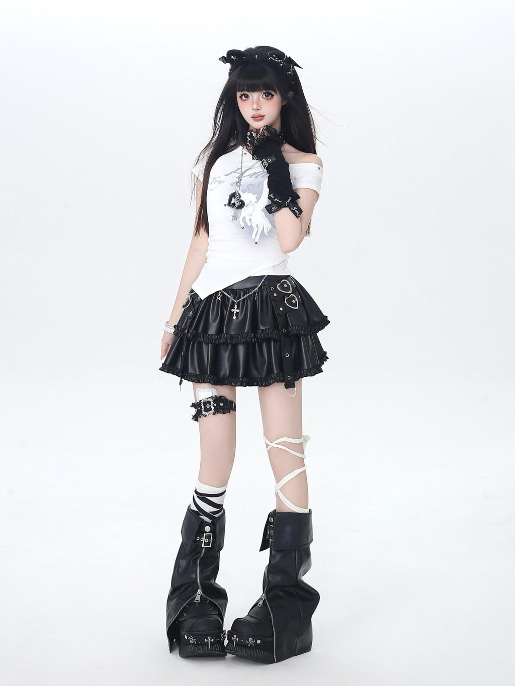 CRAZYGIRL Edgy Punk Chain Tiered Puff High Waist Women's Faux Leather Mini Skirts