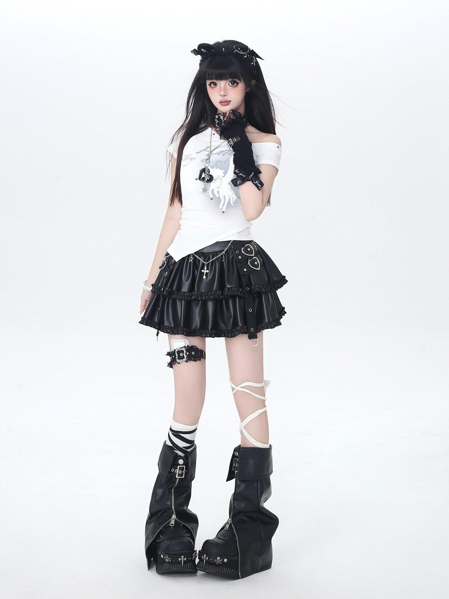 CRAZYGIRL Edgy Punk Chain Tiered Puff High Waist Women's Faux Leather Mini Skirts