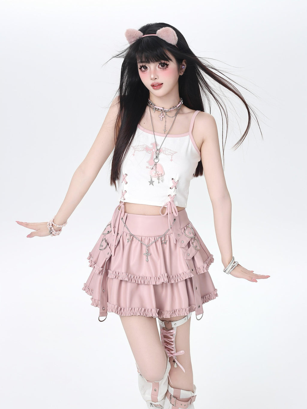 CRAZYGIRL Edgy Punk Chain Tiered Puff High Waist Women's Faux Leather Mini Skirts