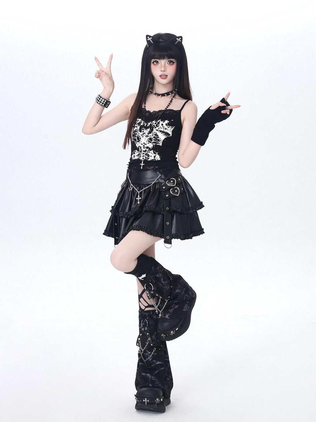 CRAZYGIRL Edgy Punk Chain Tiered Puff High Waist Women's Faux Leather Mini Skirts