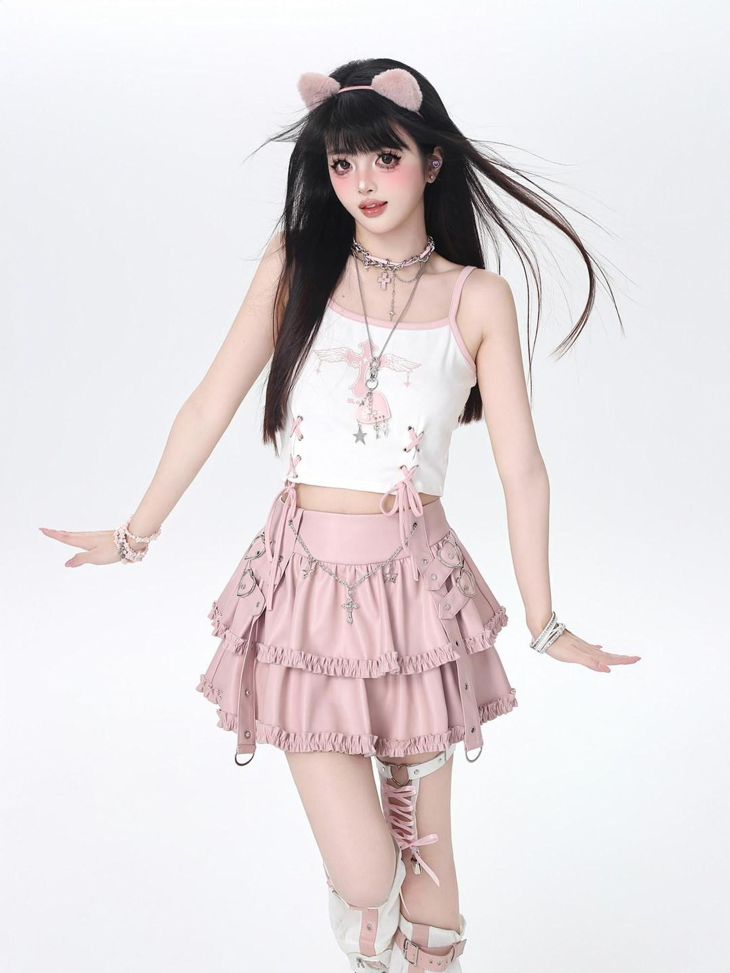CRAZYGIRL Edgy Punk Chain Tiered Puff High Waist Women's Faux Leather Mini Skirts